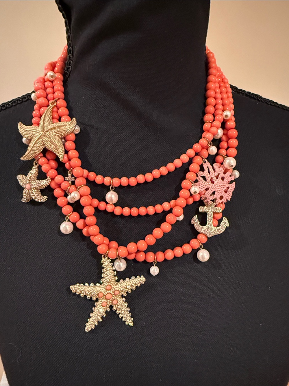 Coral Multi-Strand Starfish Charm Necklace